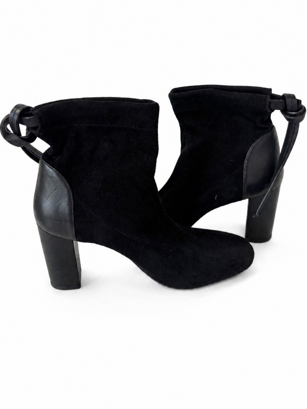 Stuart Weitzman Black Suede Ankle Booties Tie Block Heel Leather Trim Size 8.5